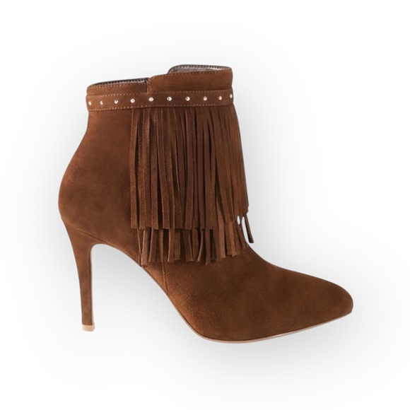 White House Black Market WHBM ꧁ Suede Fringed Heeled Ankle Boots ꧁ Cognac ꧂ 9.5 - Picture 15 of 16